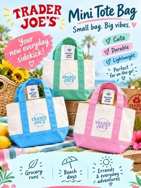 Trader Joe’s Mini Pastel Canvas Tote Bags Pink Green Blue NWT Trader Joes Tote